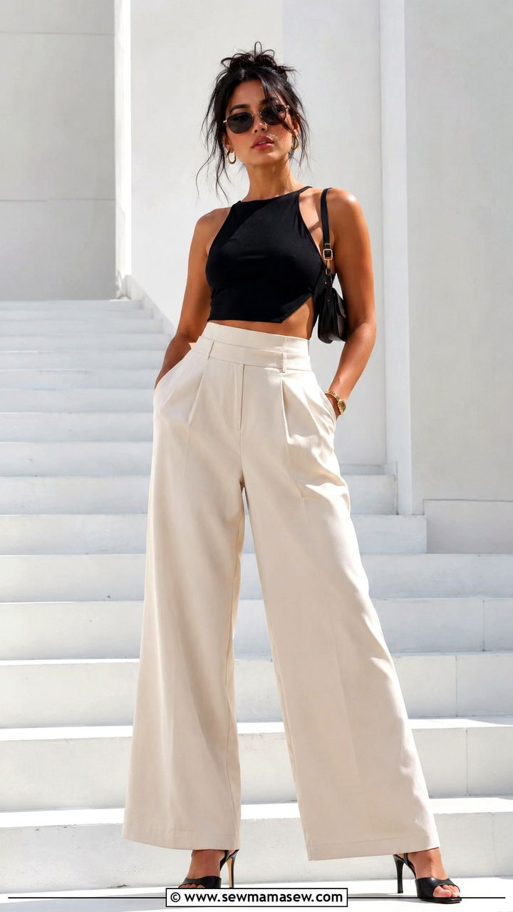 Wide Leg Trousers and Crop Top Solo Photoshoot Outfit - 30 Solo photoshoot outfit ideas