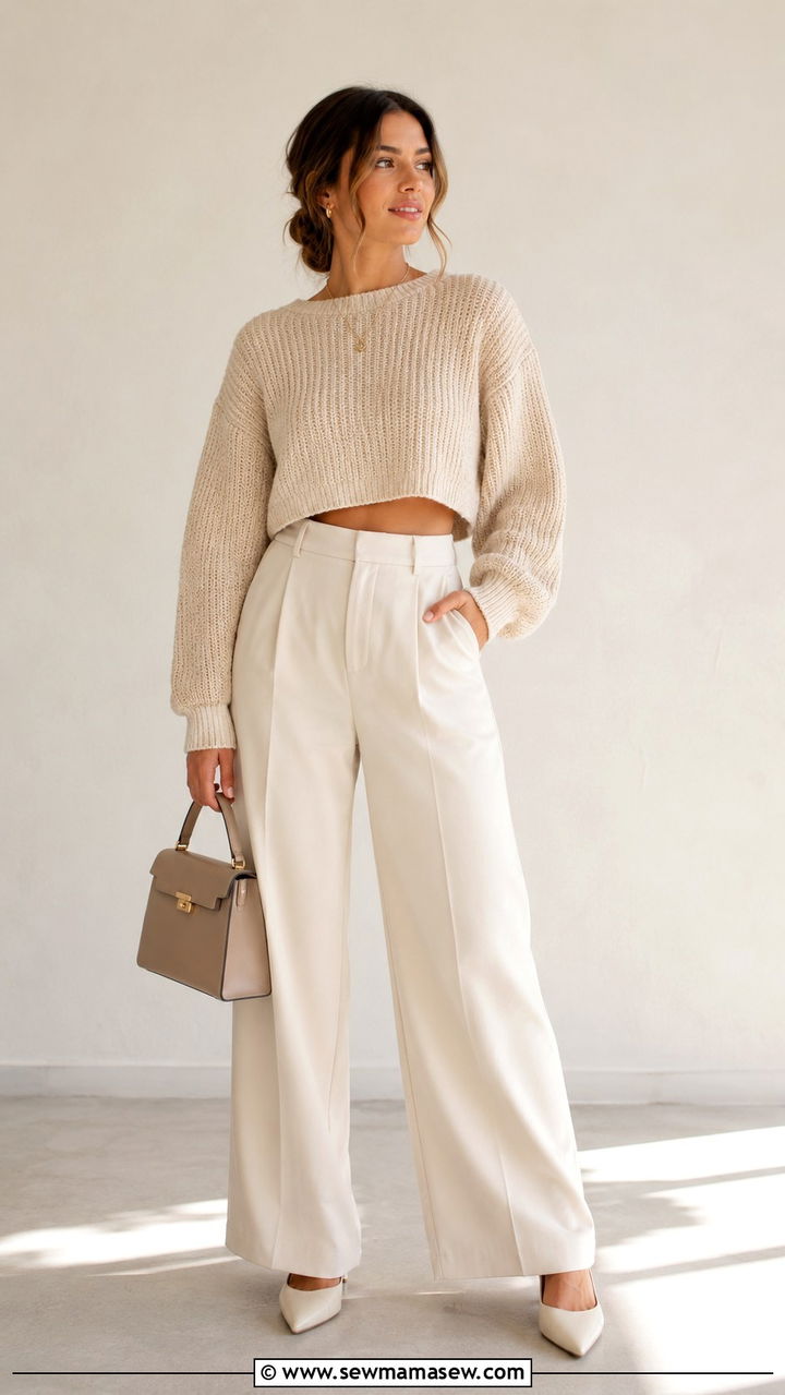 Wide Leg Trousers and Cropped Sweater Outfit - 30 midsize outfit ideas for women