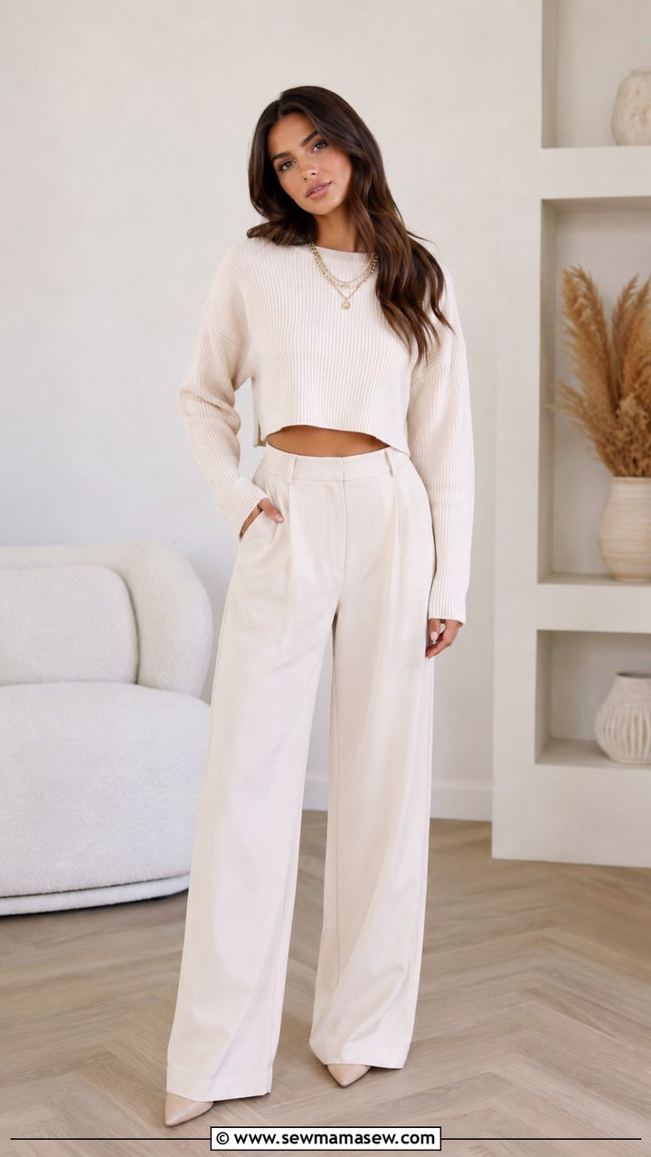 Wide Leg Trousers and Cropped Sweater for Photoshoot - 25 Photoshoot outfits for midsize women