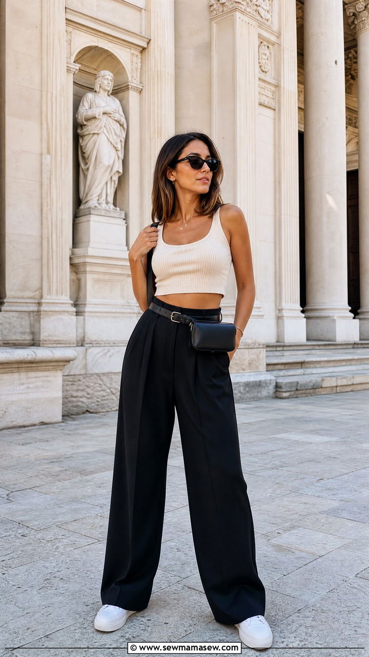 Wide Leg Trousers and Cropped Tank Outfit - 30 Europe travel outfits ideas