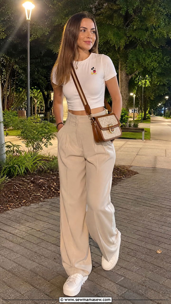 Wide Leg Trousers and Cropped Top Outfit - 40 Disneyland outfit ideas