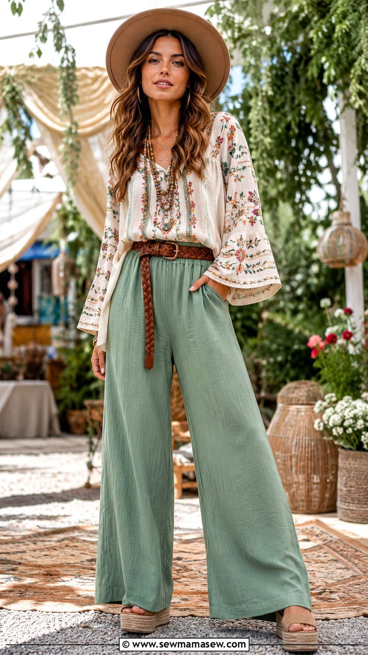 Wide Leg Trousers and Embroidered Blouse - 30 Boho outfit ideas for festival