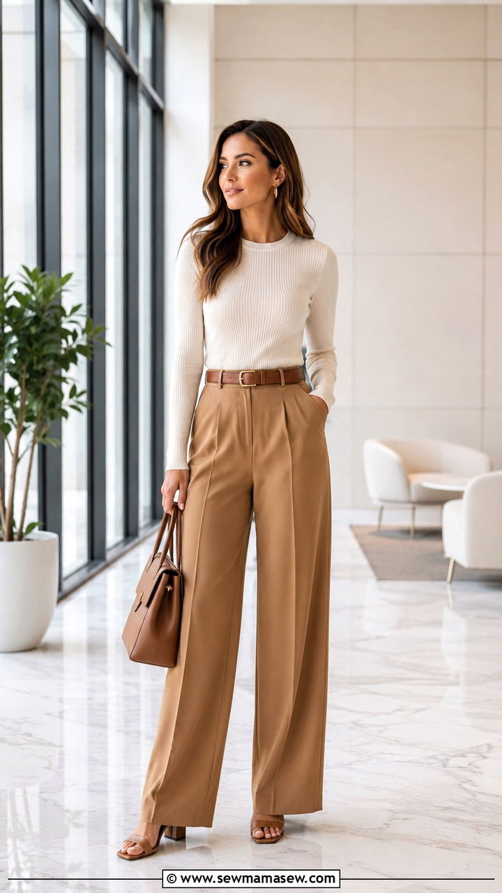 Wide Leg Trousers and Fitted Knit Top - 30 office outfits inspo