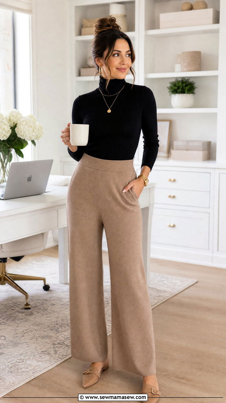 Wide Leg Trousers and Fitted Turtleneck - 30 Outfit ideas for stay at home moms
