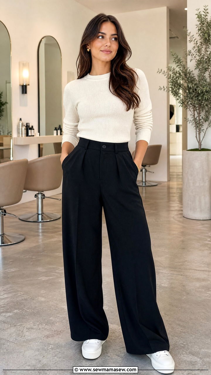 Wide Leg Trousers and Knit Top Salon Outfit - 25 Salon outfit ideas for hairstylist