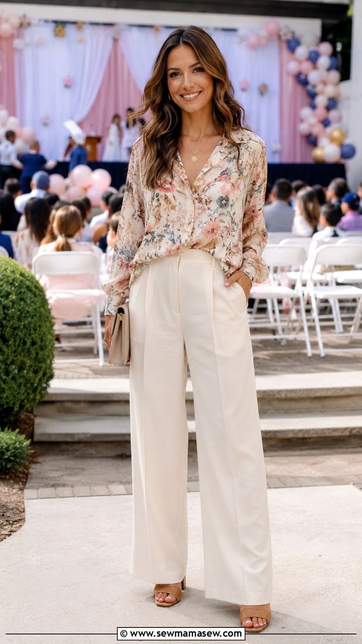Wide Leg Trousers and Printed Blouse - 30 Kindergarten graduation outfit ideas for moms