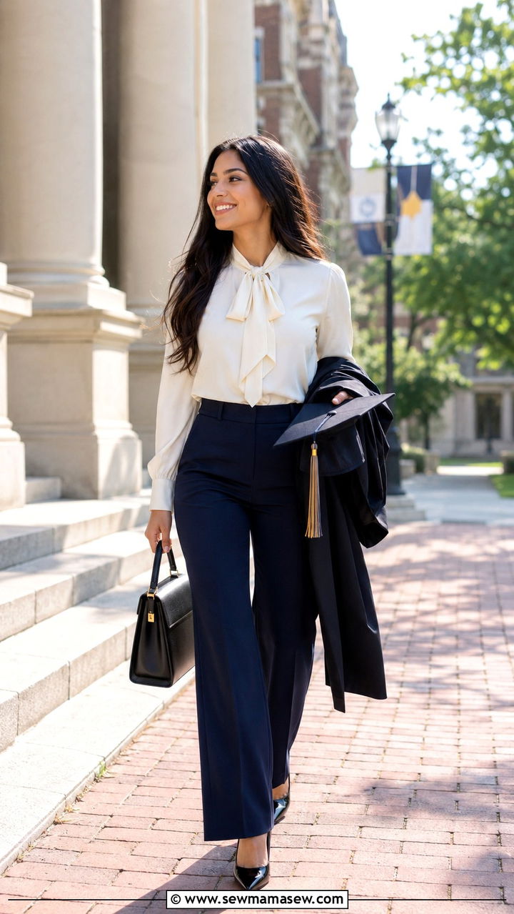 Wide Leg Trousers and Silk Blouse Graduation Outfit - 30 MBA graduation outfit ideas