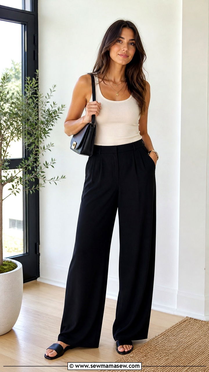 Wide Leg Trousers and Simple Tank with Slide Sandals Outfit - 40 running errands outfit ideas