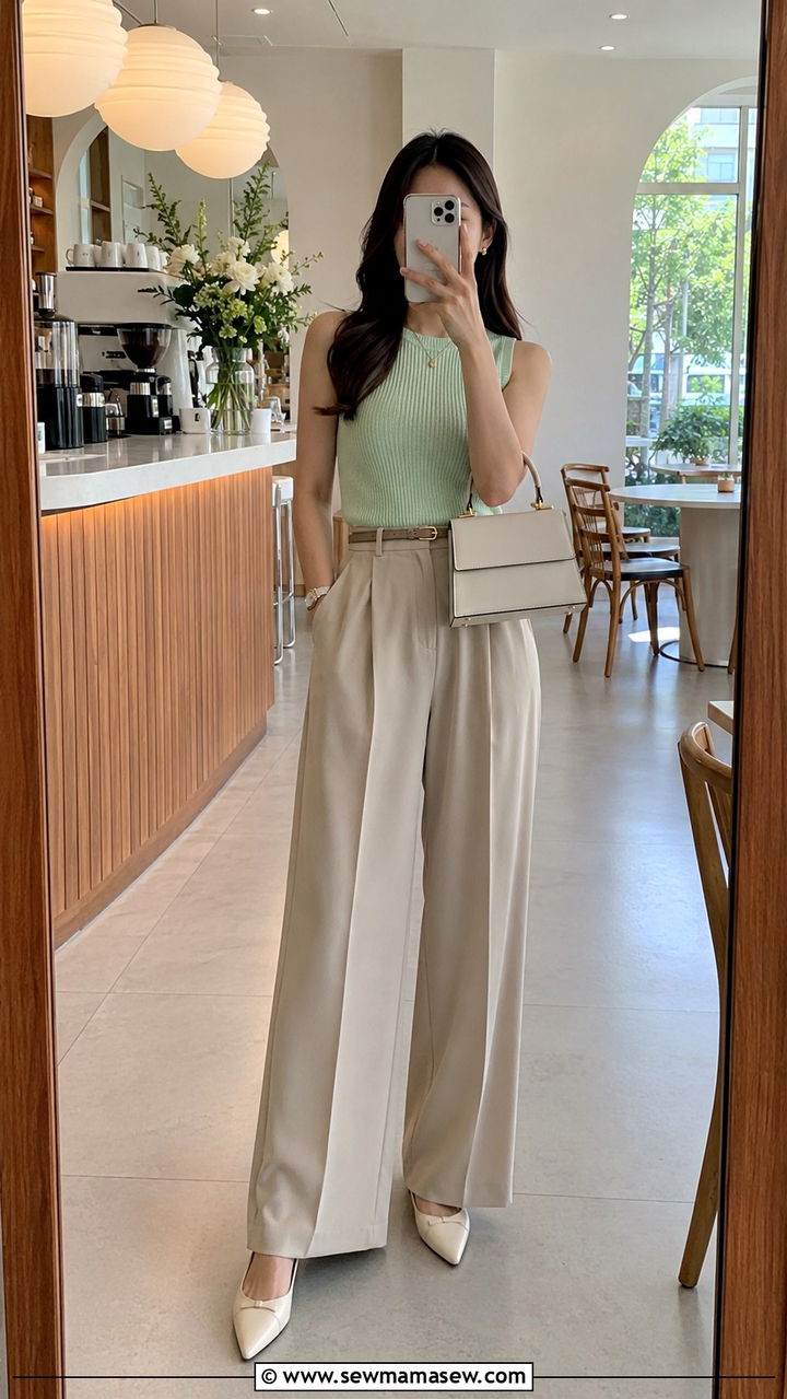 Wide Leg Trousers and Sleeveless Knit Top Ensemble - 30 Spring brunch with friends outfits