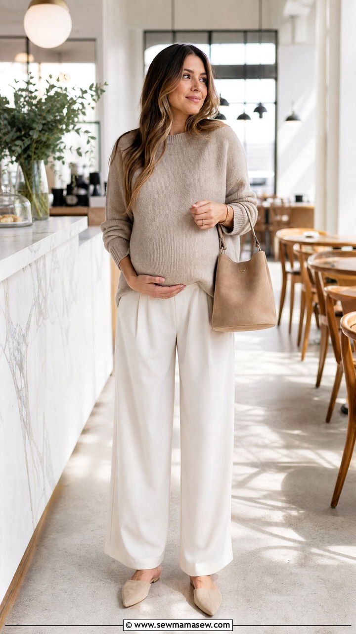 Wide Leg Trousers and Soft Knit Sweater - 25 casual outfits for pregnant women