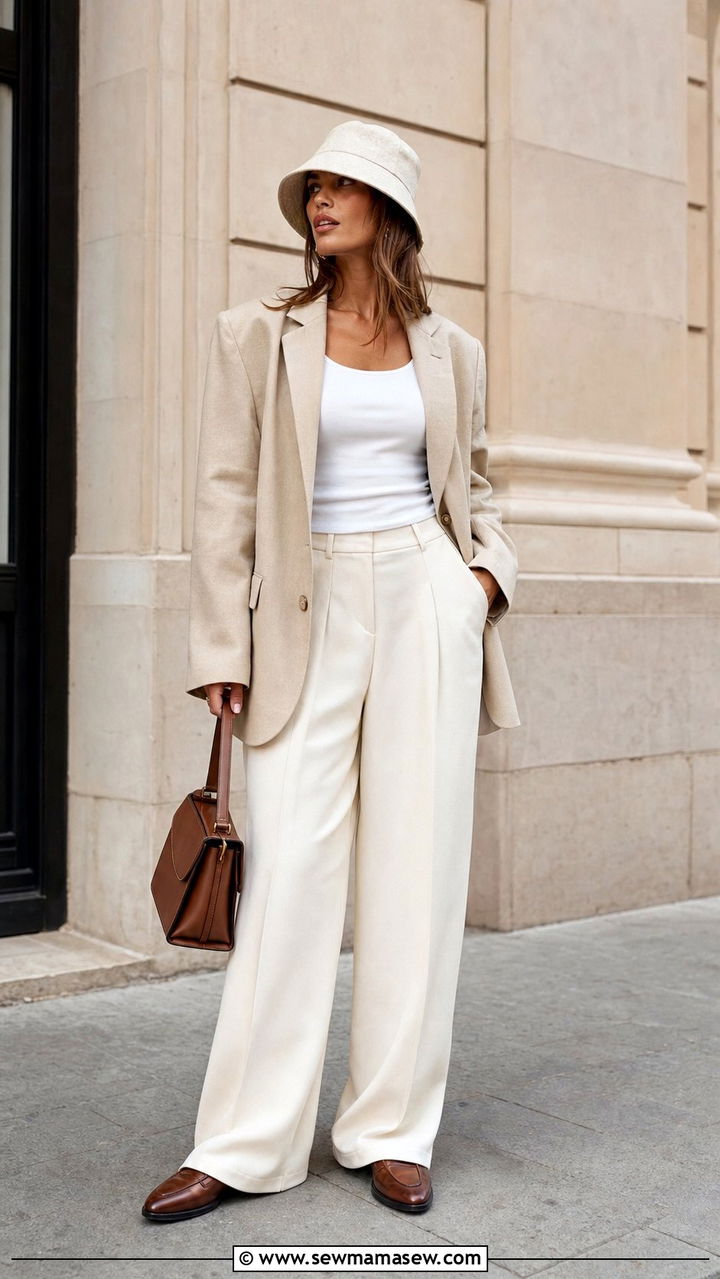 Wide Leg Trousers and Structured Blazer - 35 Bucket hat outfit ideas