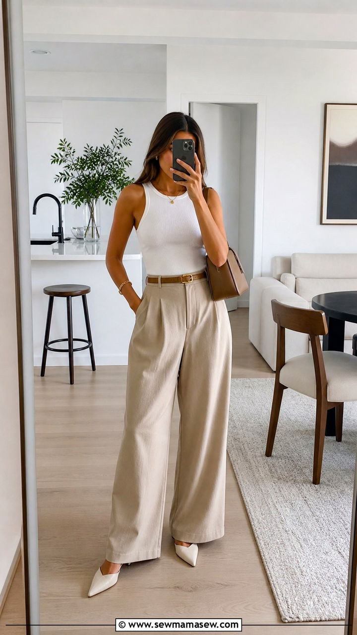 Wide Leg Trousers and Tank Top with Mules - 40 weekend outfit ideas for women