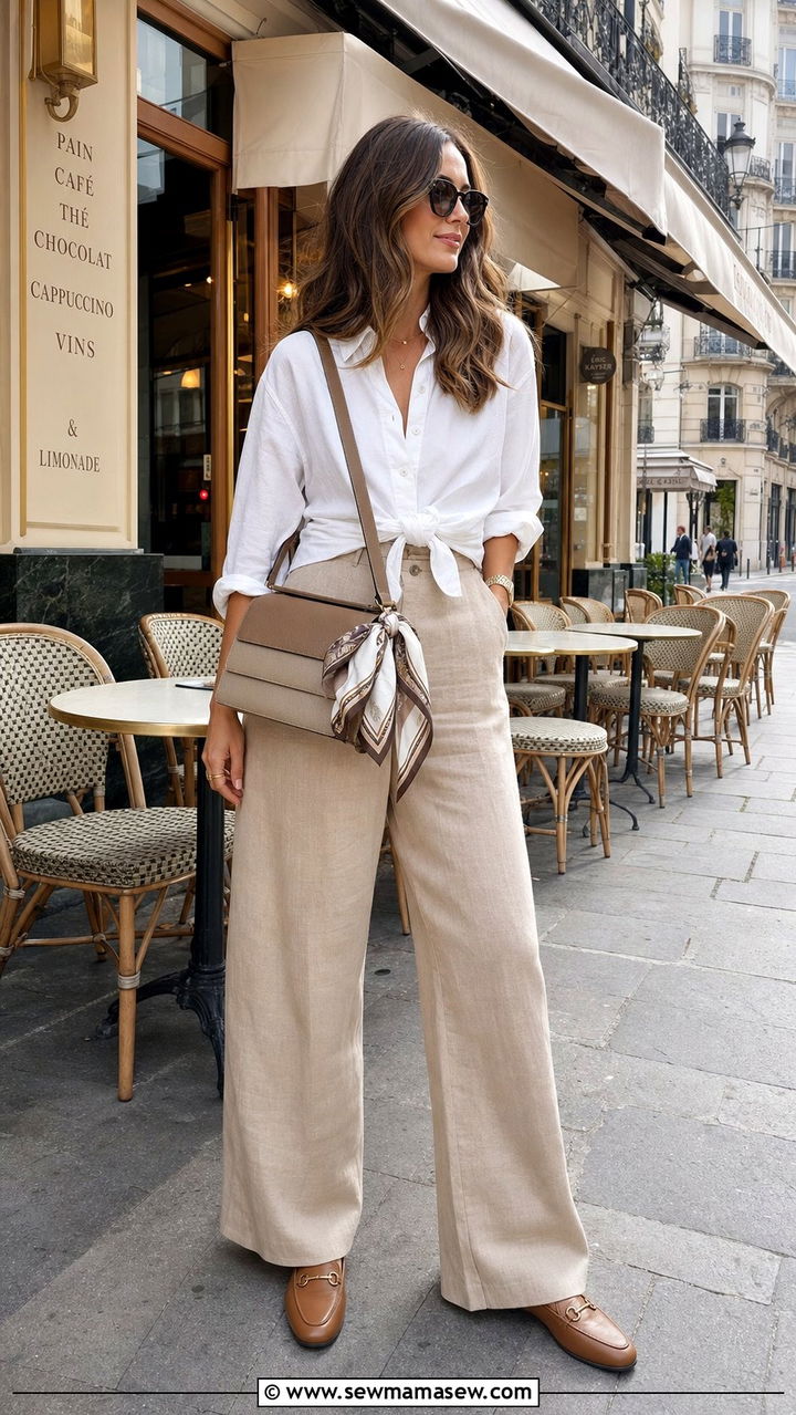 Wide Leg Trousers and Tied Button Down Shirt - 25 European vacation outfit ideas 2026
