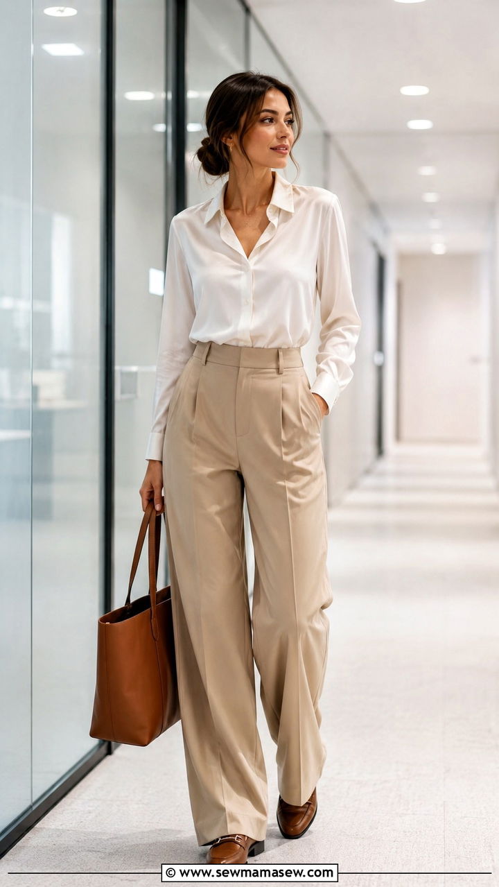Wide Leg Trousers and Tucked Blouse Outfit - 25 modest classy outfits inspo