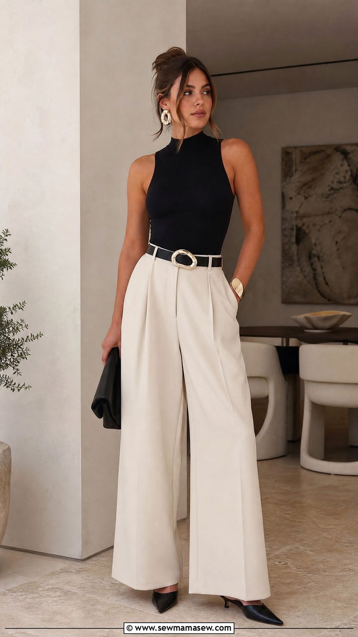 Wide Leg Trousers with Bodysuit and Statement Belt - 25 Host outfit ideas for dinner party
