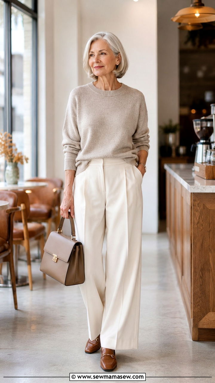 Wide Leg Trousers with Cashmere Sweater - 20 Iconic outfits for women over 60
