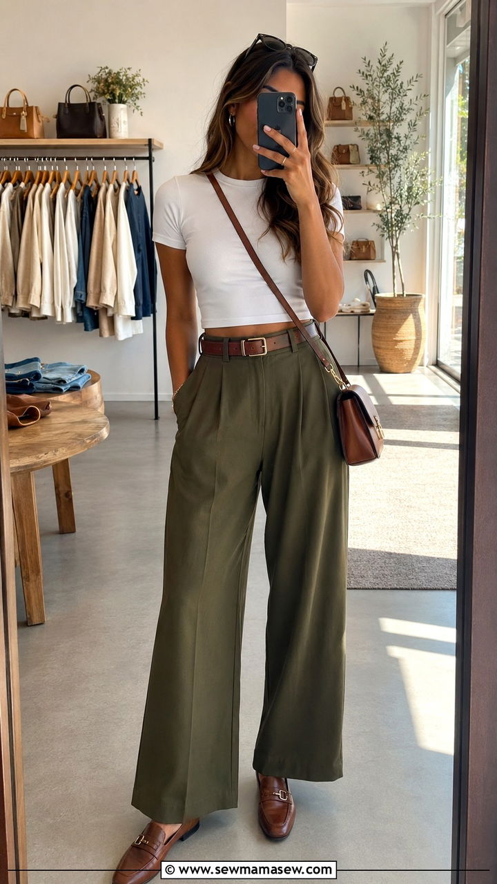 Wide Leg Trousers with Crop Top and Belt - 25 Wide leg trousers outfit ideas with a crop top