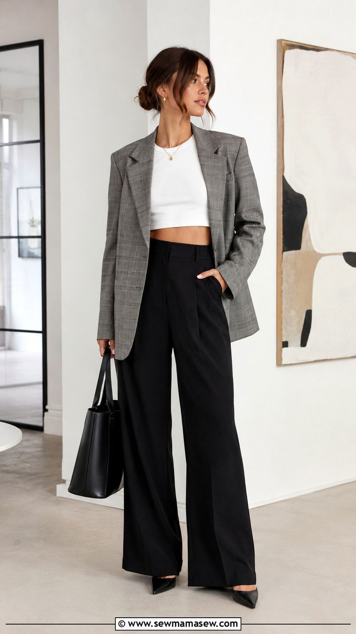 Wide Leg Trousers with Crop Top and Blazer - 25 Wide leg trousers outfit ideas with a crop top
