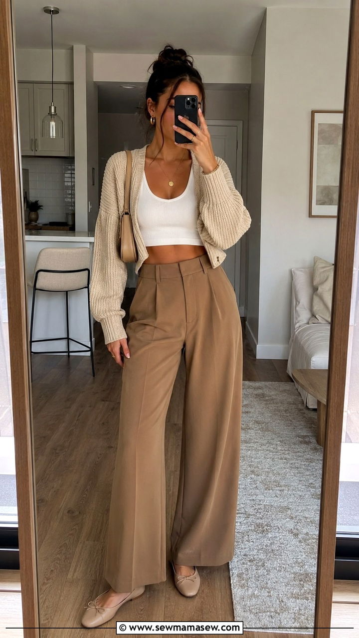 Wide Leg Trousers with Crop Top and Cardigan - 25 Wide leg trousers outfit ideas with a crop top