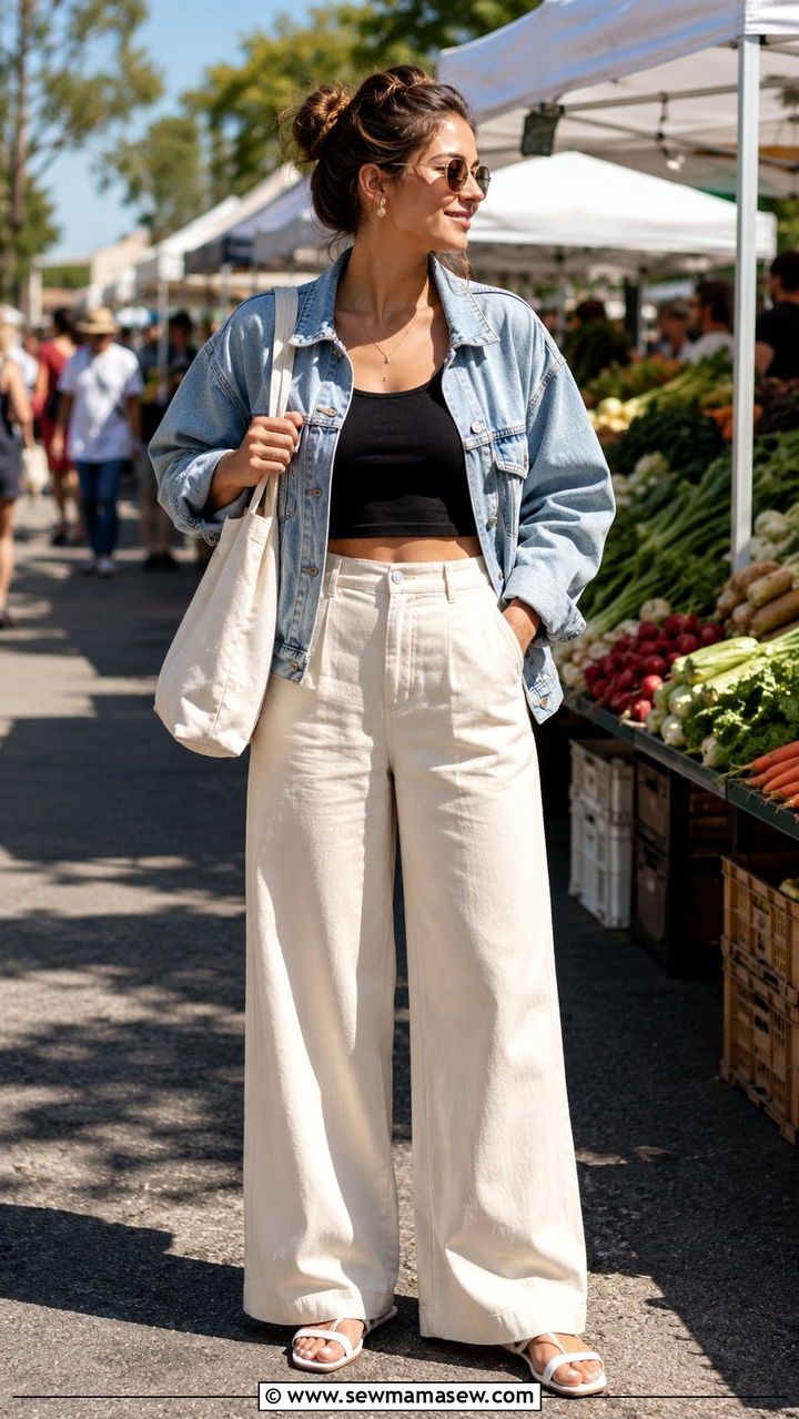 Wide Leg Trousers with Crop Top and Denim Jacket - 25 Wide leg trousers outfit ideas with a crop top