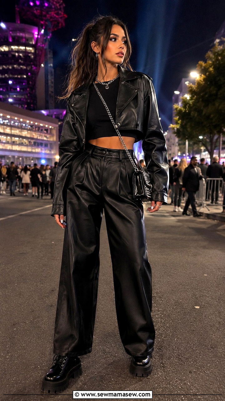 Wide Leg Trousers with Crop Top and Leather Jacket - 25 Wide leg trousers outfit ideas with a crop top