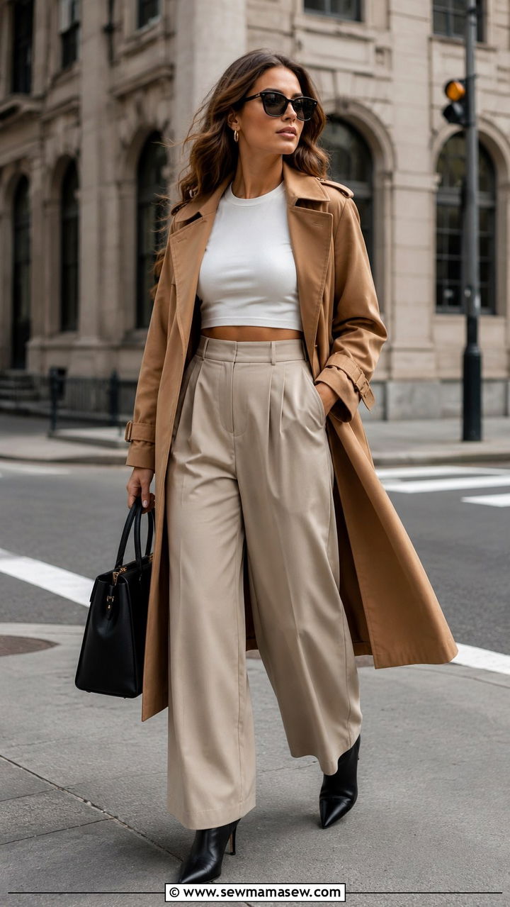 Wide Leg Trousers with Crop Top and Trench Coat - 25 Wide leg trousers outfit ideas with a crop top