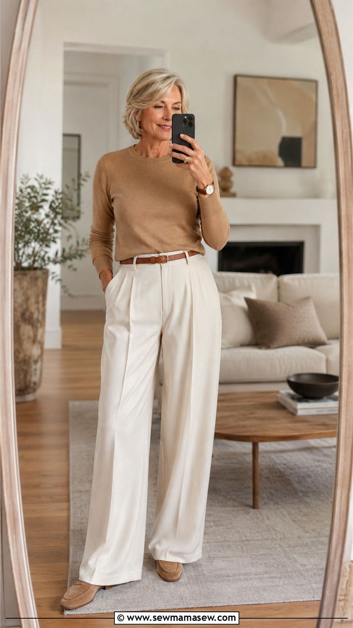Wide Leg Trousers with Fitted Sweater - 30 Outfit ideas for boomer women