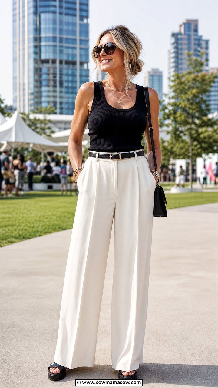 Wide Leg Trousers with Fitted Tank Festival Outfit - 30 music festival outfits for women over 40
