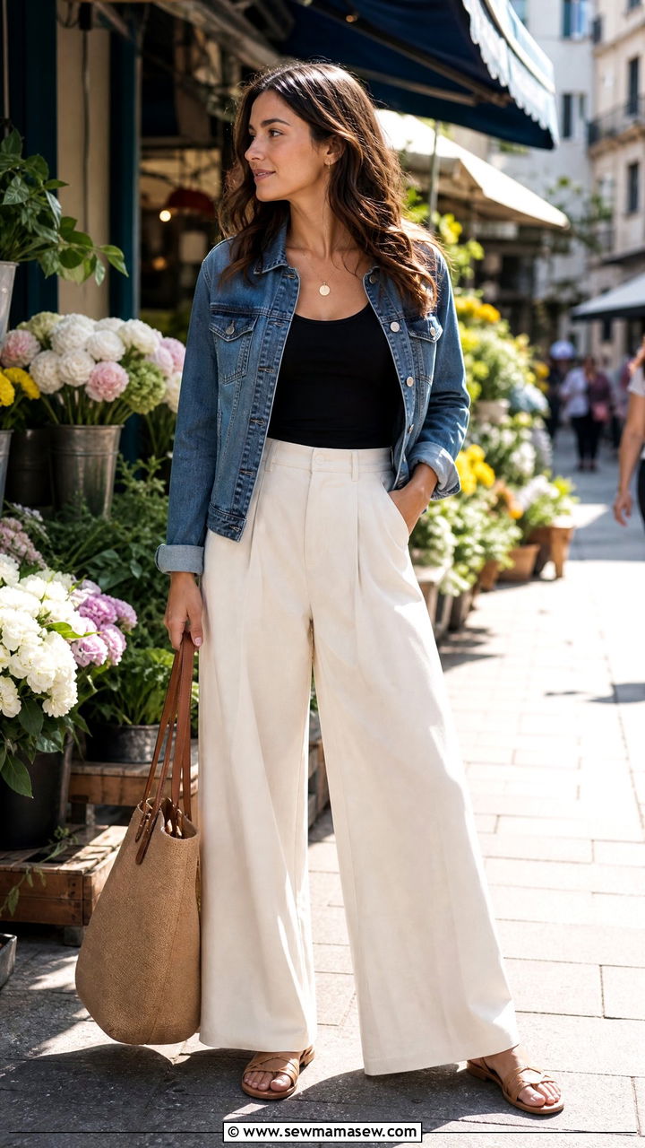 Wide Leg Trousers with Fitted Tank and Denim Jacket - 25 casual classy outfits