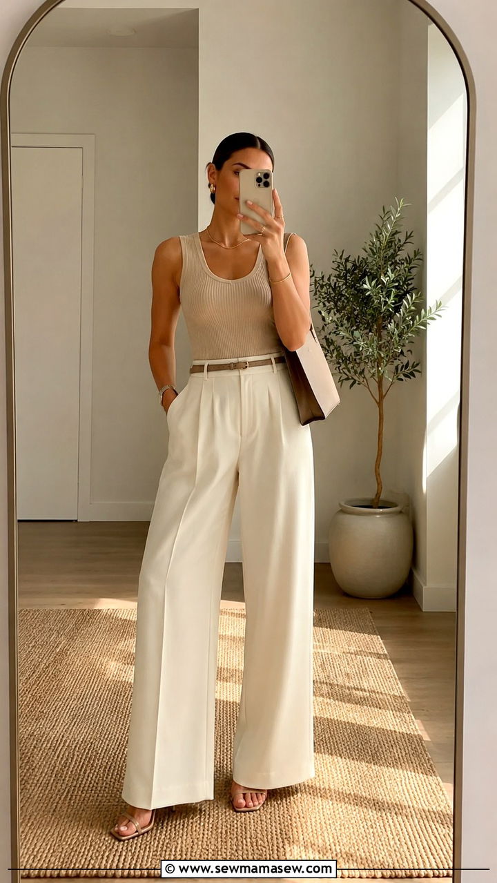Wide Leg Trousers with Fitted Tank - 25 outfit ideas for short torso women