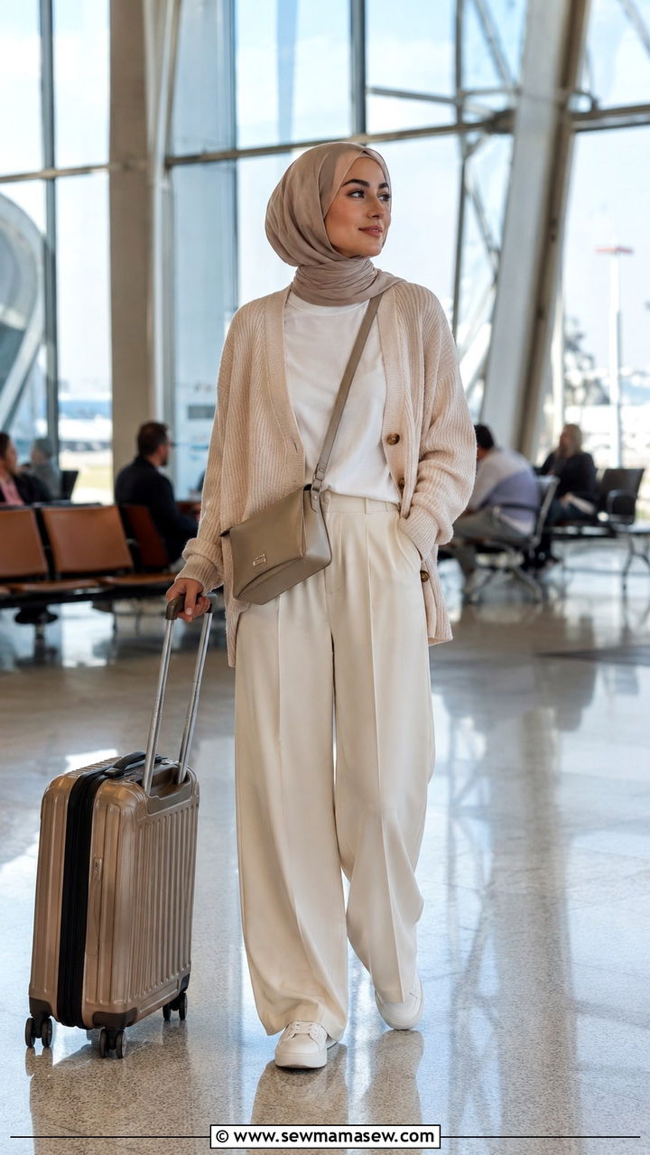 Wide Leg Trousers with Knit Cardigan and Sneakers - 30 Modest outfit ideas for airport