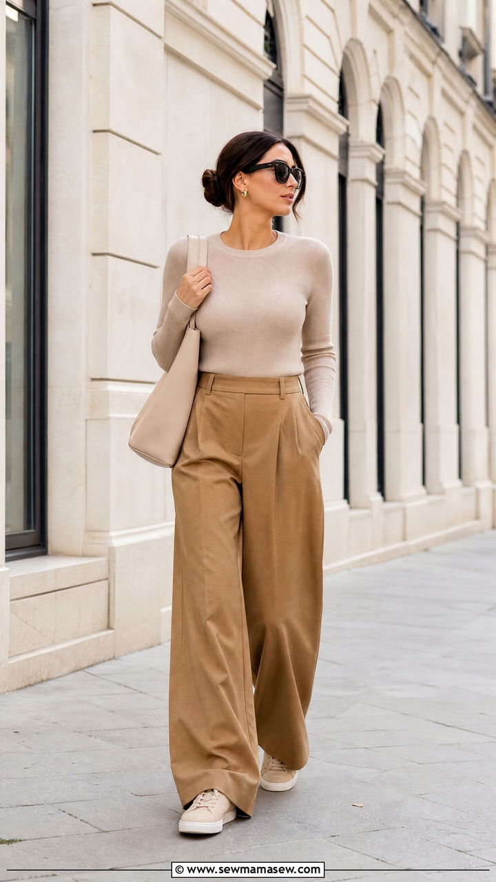 Wide Leg Trousers with Knit Top and Sneakers - 25 Business casual outfits with sneakers