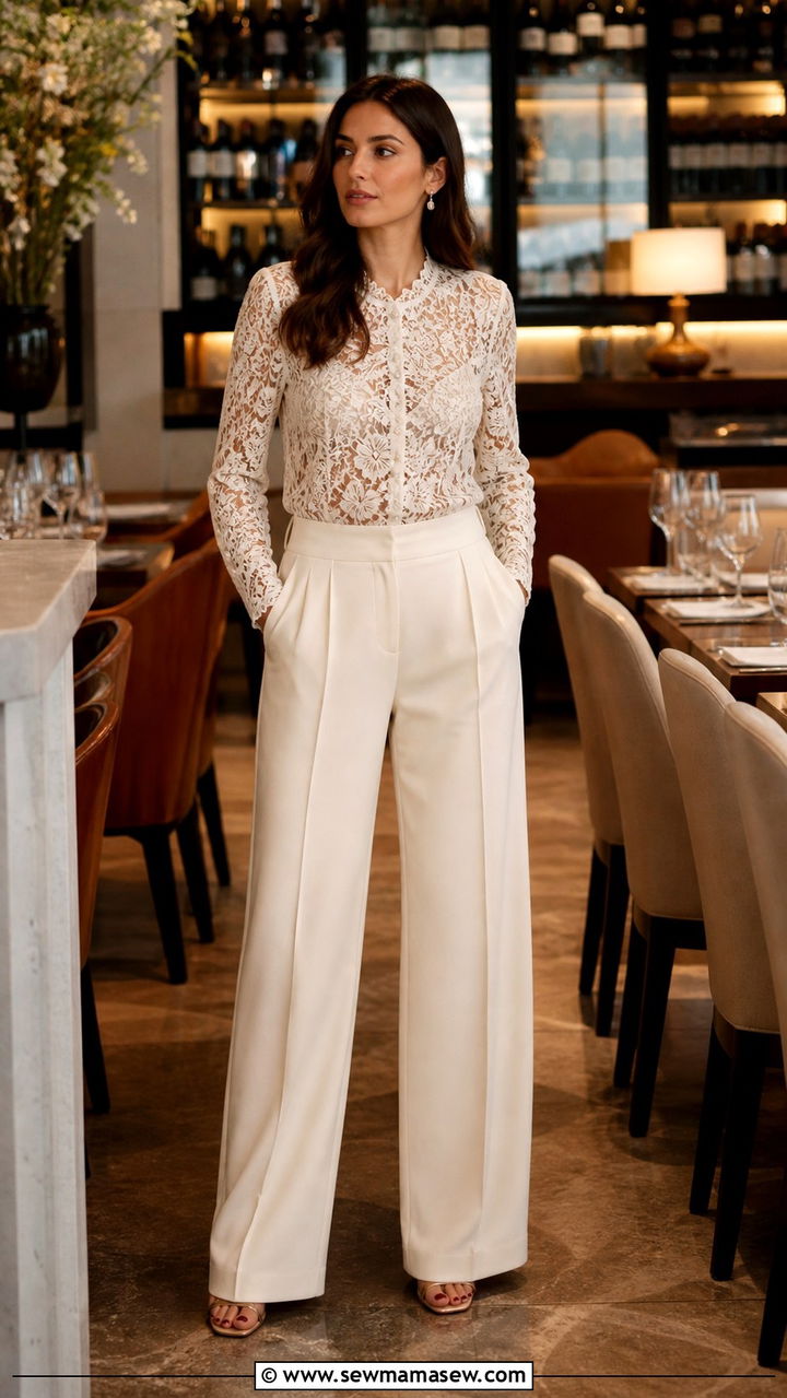 Wide Leg Trousers with Lace Blouse - 40 classy dinner outfit ideas