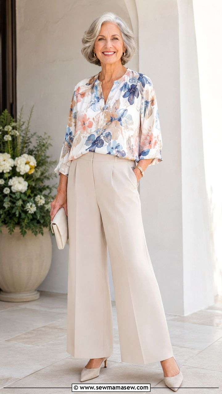 Wide Leg Trousers with Printed Blouse - 30 Graduation outfits for women over 60