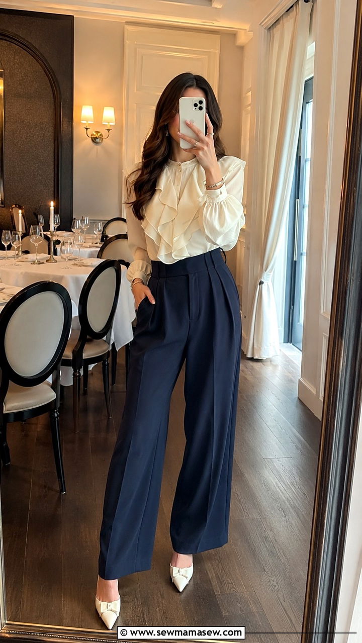 Wide Leg Trousers with Ruffle Blouse - 30 Micro wedding guest outfits
