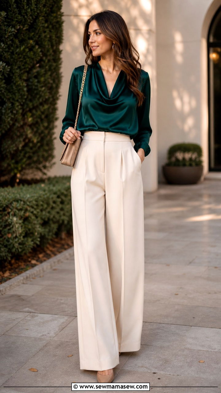 Wide Leg Trousers with Silk Blouse - 20 10 year reunion outfit ideas