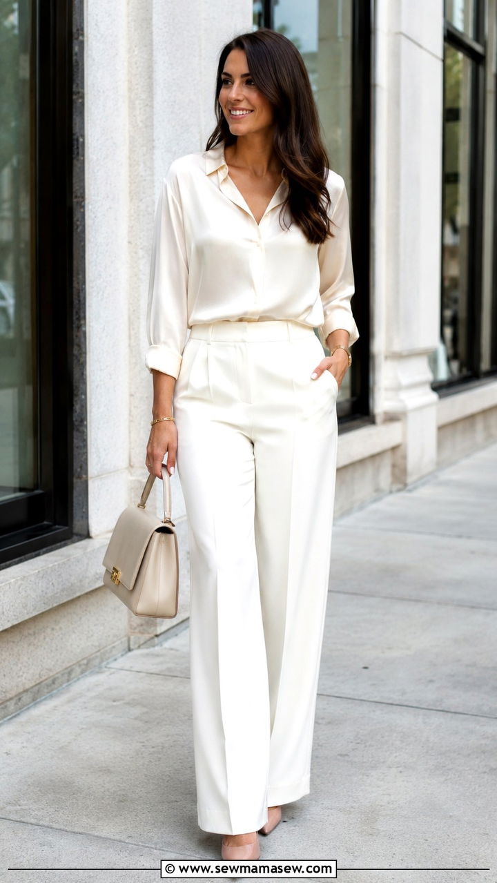 Wide Leg Trousers with Silk Blouse - 30 classy baby shower outfit ideas