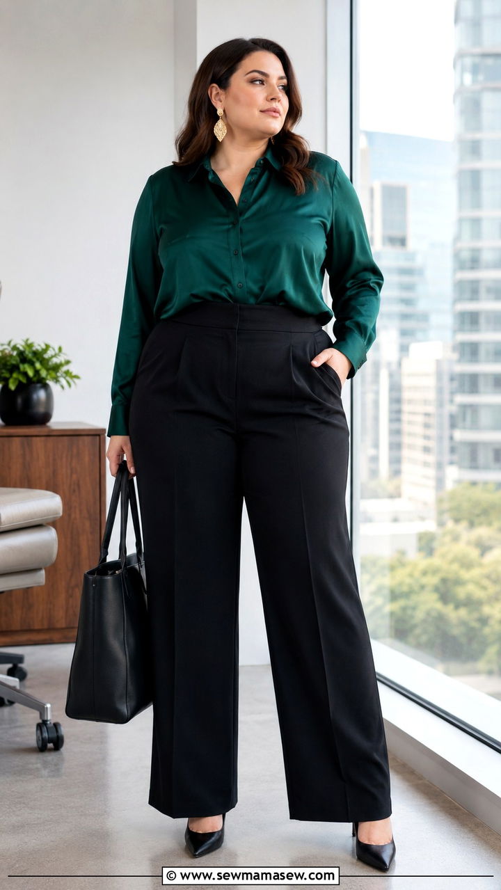 Wide Leg Trousers with Silk Blouse Outfit - 30 plus size office outfit ideas