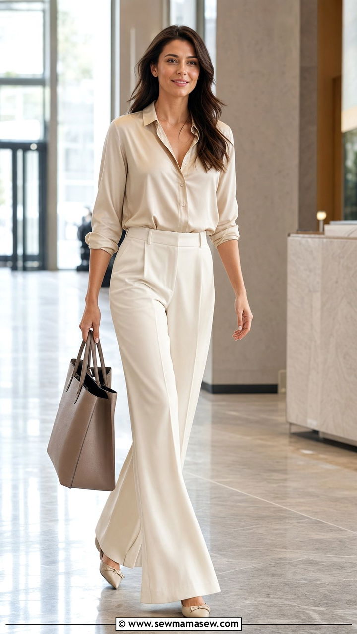 Wide Leg Trousers with Silk Blouse and Pointed Flats - 35 casual Friday outfit ideas