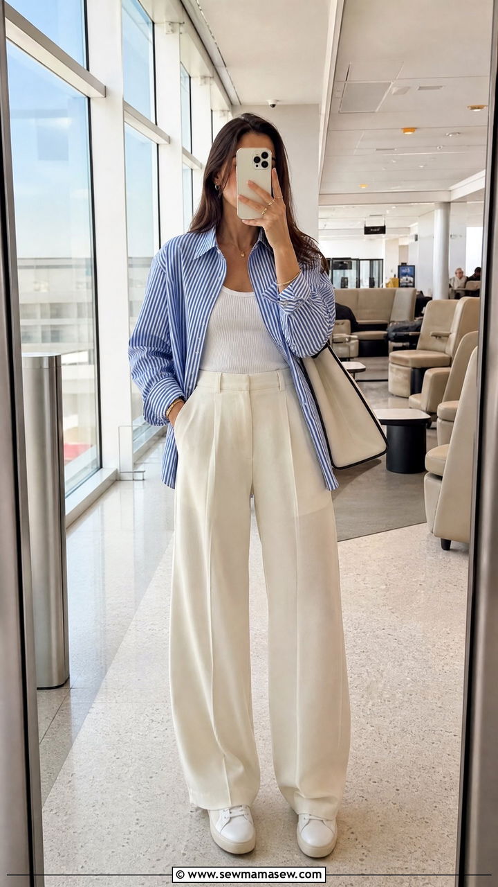 Wide Leg Trousers with Striped Shirt - 30 Cute airport outfits