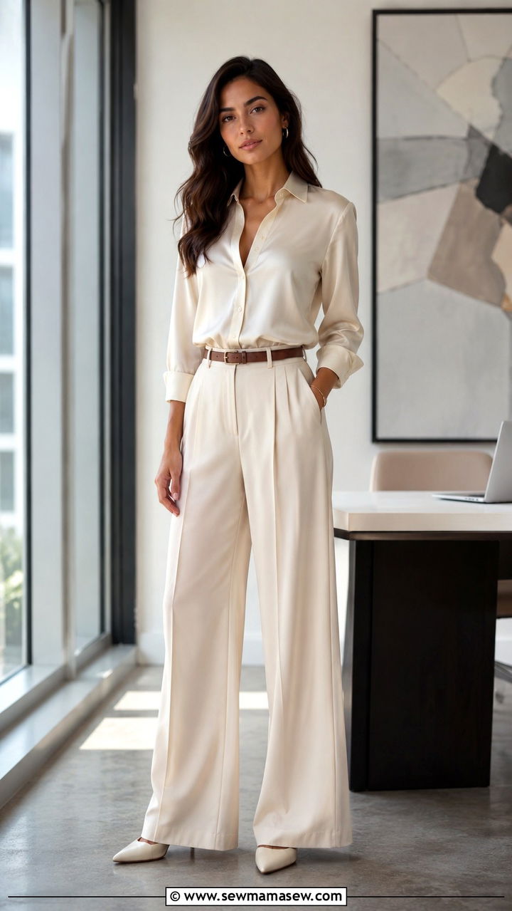 Wide Leg Trousers with Tucked in Blouse - 25 Outfit ideas for narrow hips