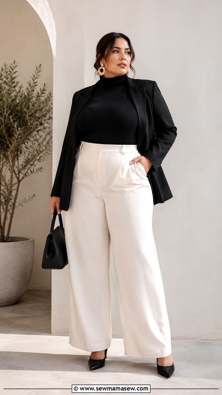 Wide Leg Trousers with Turtleneck Bodysuit and Structured Blazer - 30 plus size brunch outfit ideas