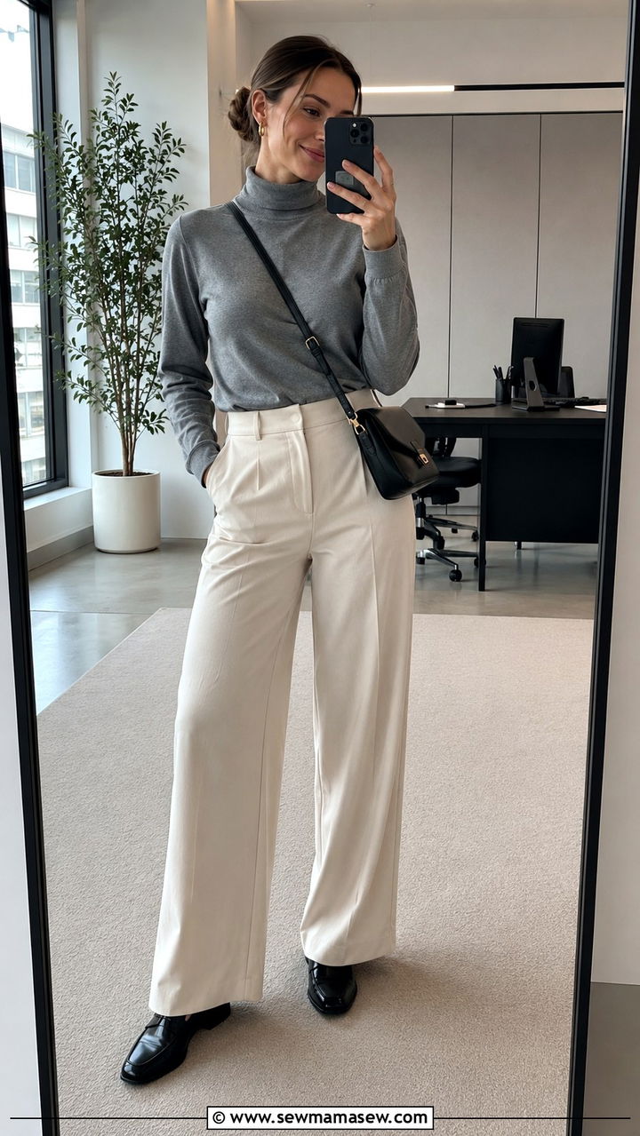 Wide Leg Trousers with Turtleneck and Loafers - 30 Modest outfit ideas for work