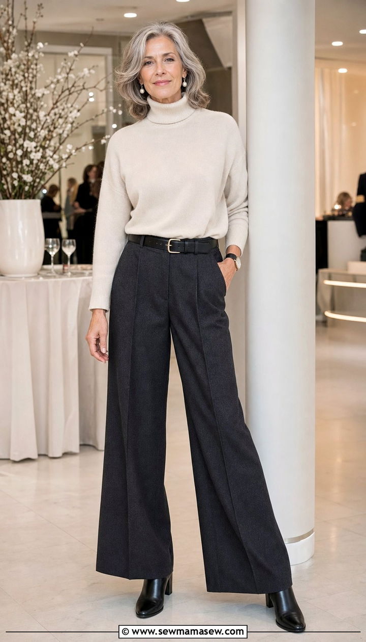 Wide Leg Trousers with a Cashmere Turtleneck and Heeled Boots - 25 Family reunion outfit ideas for women over 50