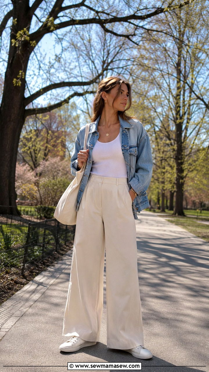 Wide Leg Trousers with a Denim Jacket and Tank Top - 25 Wide leg trousers outfit ideas with a tank top