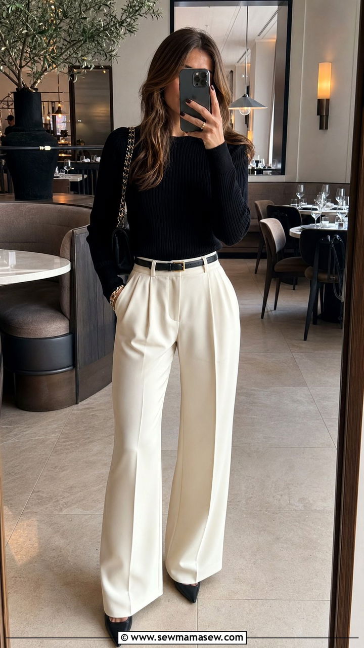 Wide Leg Trousers with a Fitted Knit - 35 casual dinner outfits