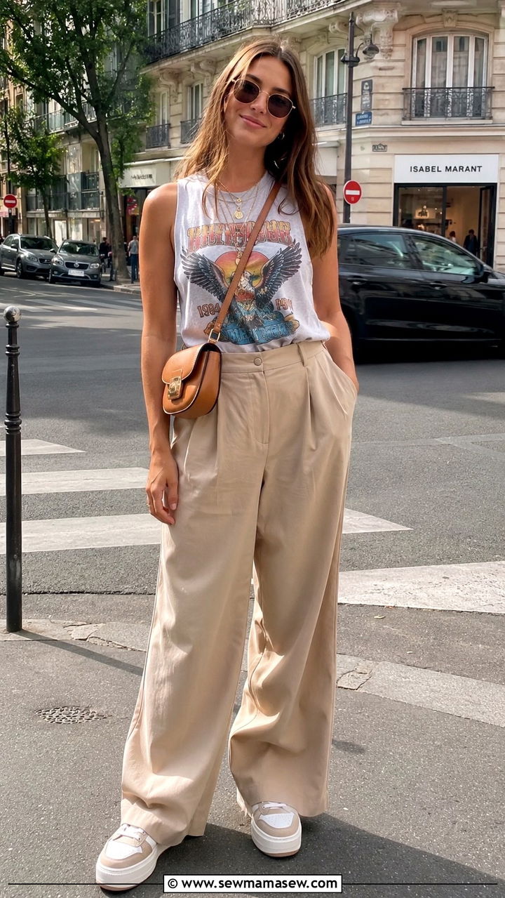Wide Leg Trousers with a Graphic Print Tank Top - 25 Wide leg trousers outfit ideas with a tank top