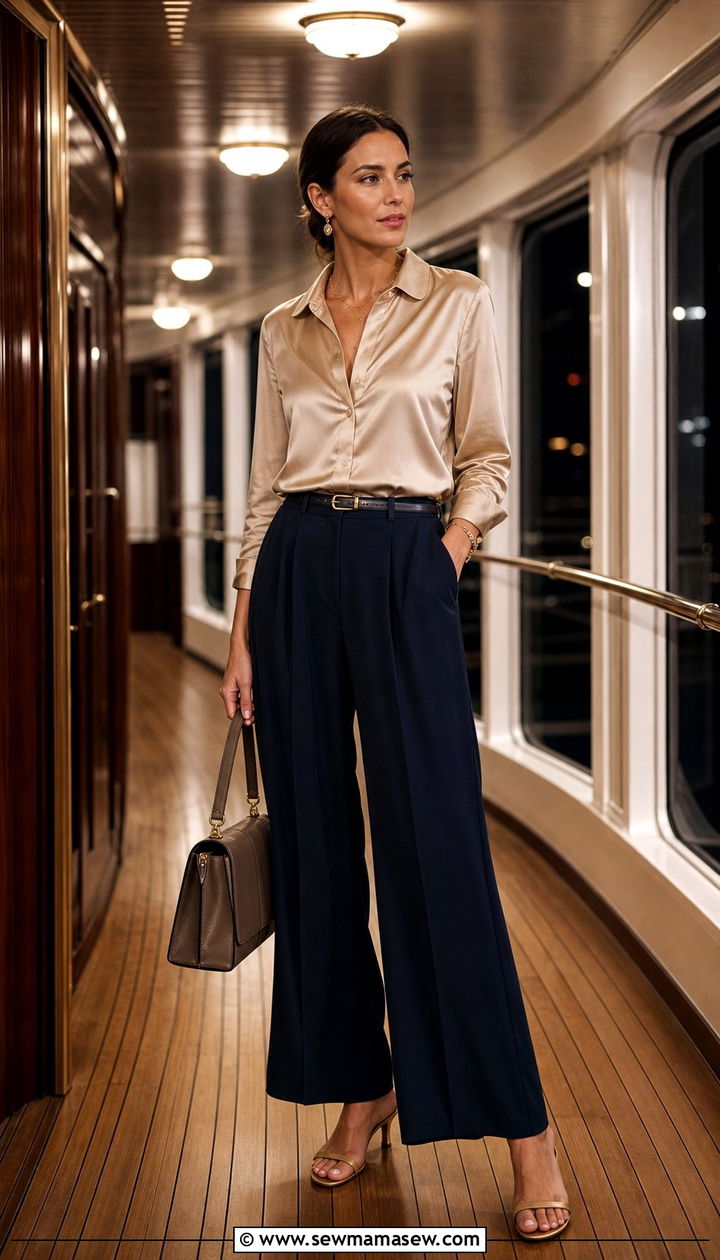 Wide Leg Trousers with a Silk Blouse for Smart Casual Night - 25 Cruise outfit ideas 2026