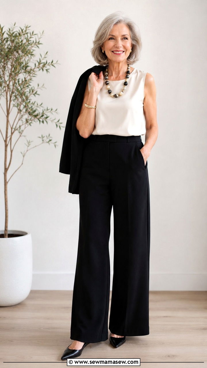 Wide Leg Trousers with a Silk Shell and Statement Necklace - 20 Work outfit ideas for women over 60 2026