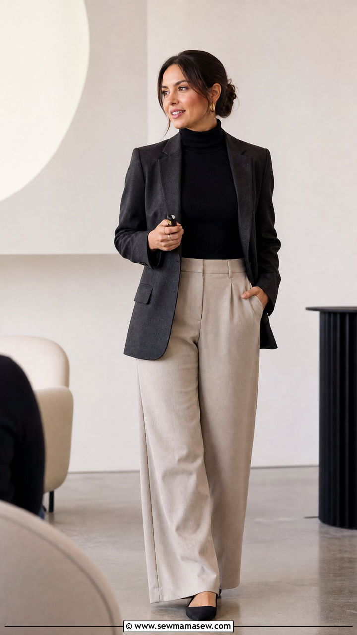 Wide Leg Trousers with a Turtleneck and Blazer - 25 Keynote speaker outfit ideas